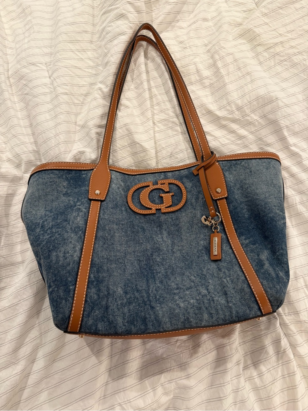 Guess Blue Denim Tote with Brown Trim